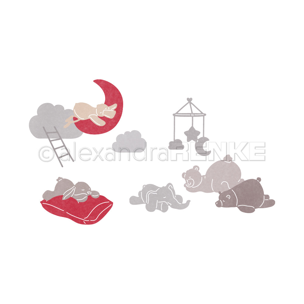 Illustration von schlafenden Tieren und einem Baby auf einem Mond mit Wolken, Kissen und Mobile - perfekt, um die Kreativität anzuregen oder Ihren Sammlungen Charme zu verleihen, von Alexandra Renke.