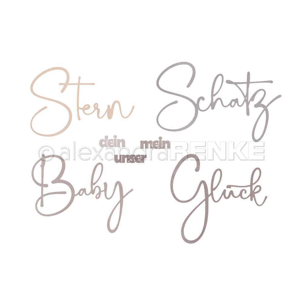 Handgeschriebene deutsche Wörter - Stern, Schatz, Baby, Glück, dein, mein, unser - von Alexandra Renke auf einem weißen Hintergrund. Ideal für Pakete oder Kollektionen, die Kreativität und sinnvolle Verbindungen zelebrieren.