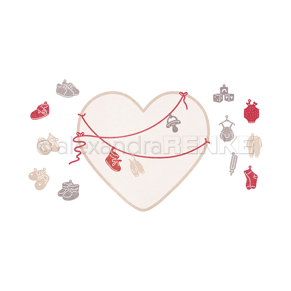 Herzform mit roten Schnüren; pastellfarbene Babykleidung, Schuhe und Spielzeug hängen herum - ideal für kreative Sammlungen oder liebevoll gestaltete Bündel von Alexandra Renke.