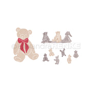 Illustration eines großen Teddybären mit roter Schleife und kleineren Plüschtieren daneben von Alexandra Renke, ideal als Anregung für die Kreativität bei der Gestaltung bezaubernder Sammelbündel.