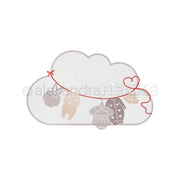 Illustration einer Wolke mit einer roten Wäscheleine, an der rechts herzförmige Babykleidung hängt - ideal für kreative Inspiration und Alexandra Renke Kollektionen.