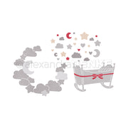 Grauer Schlitten mit roter Schleife, umgeben von Wolken, Sternen und Monden auf weißem Hintergrund - die perfekte Inspiration für Ihr nächstes Kreativ-Bundle- oder Kollektionen-Projekt von Alexandra Renke.