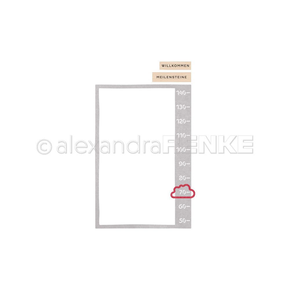 Minimalistische Wachstumstabelle von Alexandra Renke mit den Reitern "WILLKOMMEN" und "MEILENSTEINE", einer hervorgehobenen 70er-Marke an der Seite - perfekt für Kollektionen, die Kreativität und Meilensteine feiern.