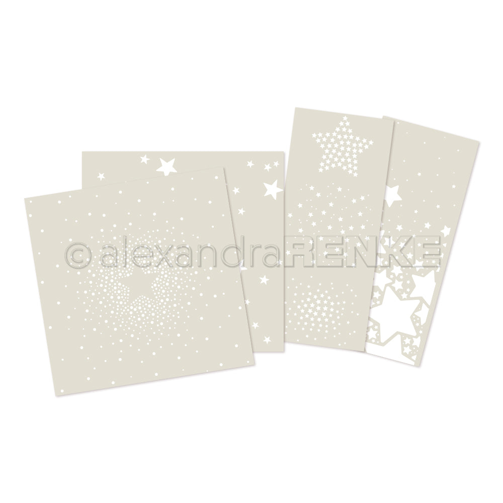 Ein Bündel von vier beigefarbenen quadratischen Papieren mit weißen Sternmustern in verschiedenen Größen und Designs von Alexandra Renke, ideal für kreative Sammlungen.