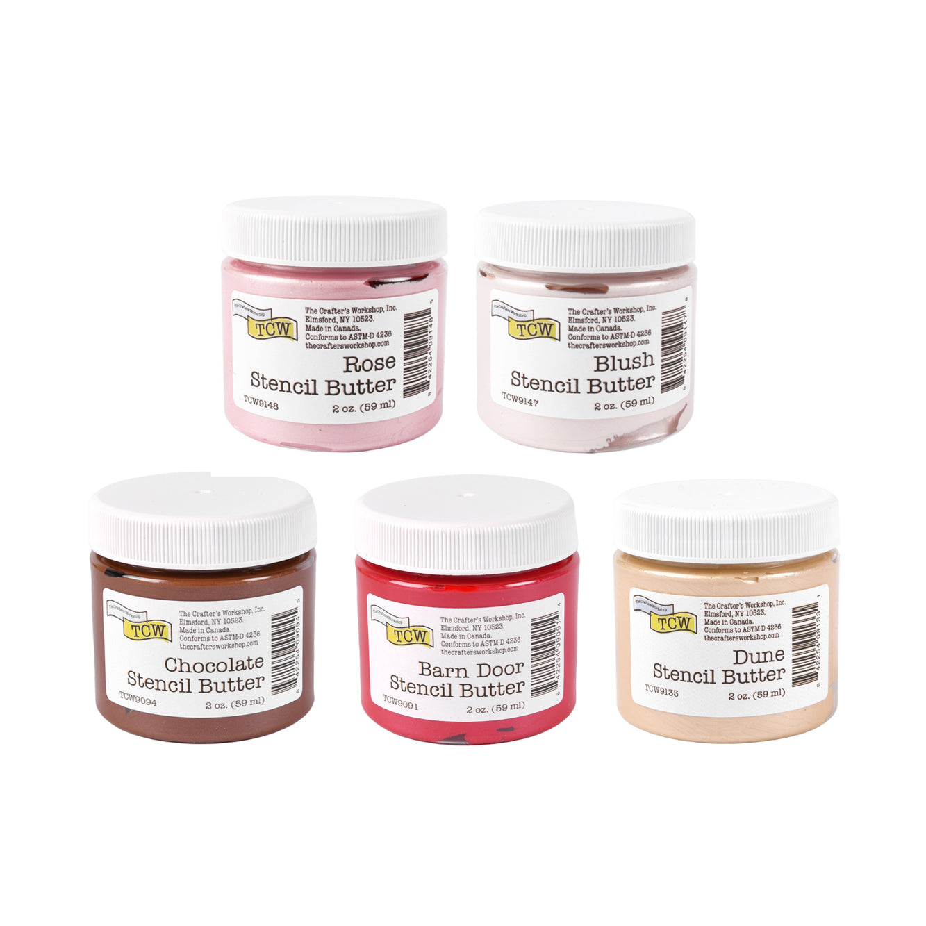 Fünf Gläser der The Crafters Workshop Stencil Butter in den Farben Rose, Blush, Chocolate, Barn Door und Dune sind in zwei Reihen angeordnet - ideal für Mixed-Media-Projekte.