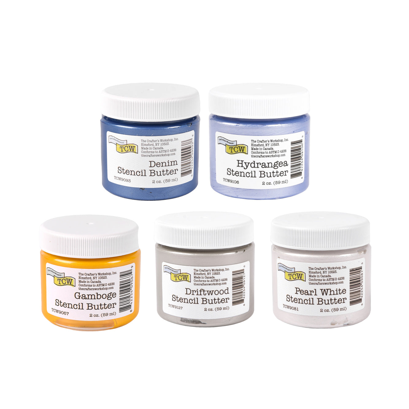 Fünf Gläser The Crafters Workshop Stencil Butter in den Farben Denim, Hydrangea, Gamboge, Driftwood und Perlweiß - ideal, um Ihren Mixed-Media-Projekten strukturierte Effekte zu verleihen.