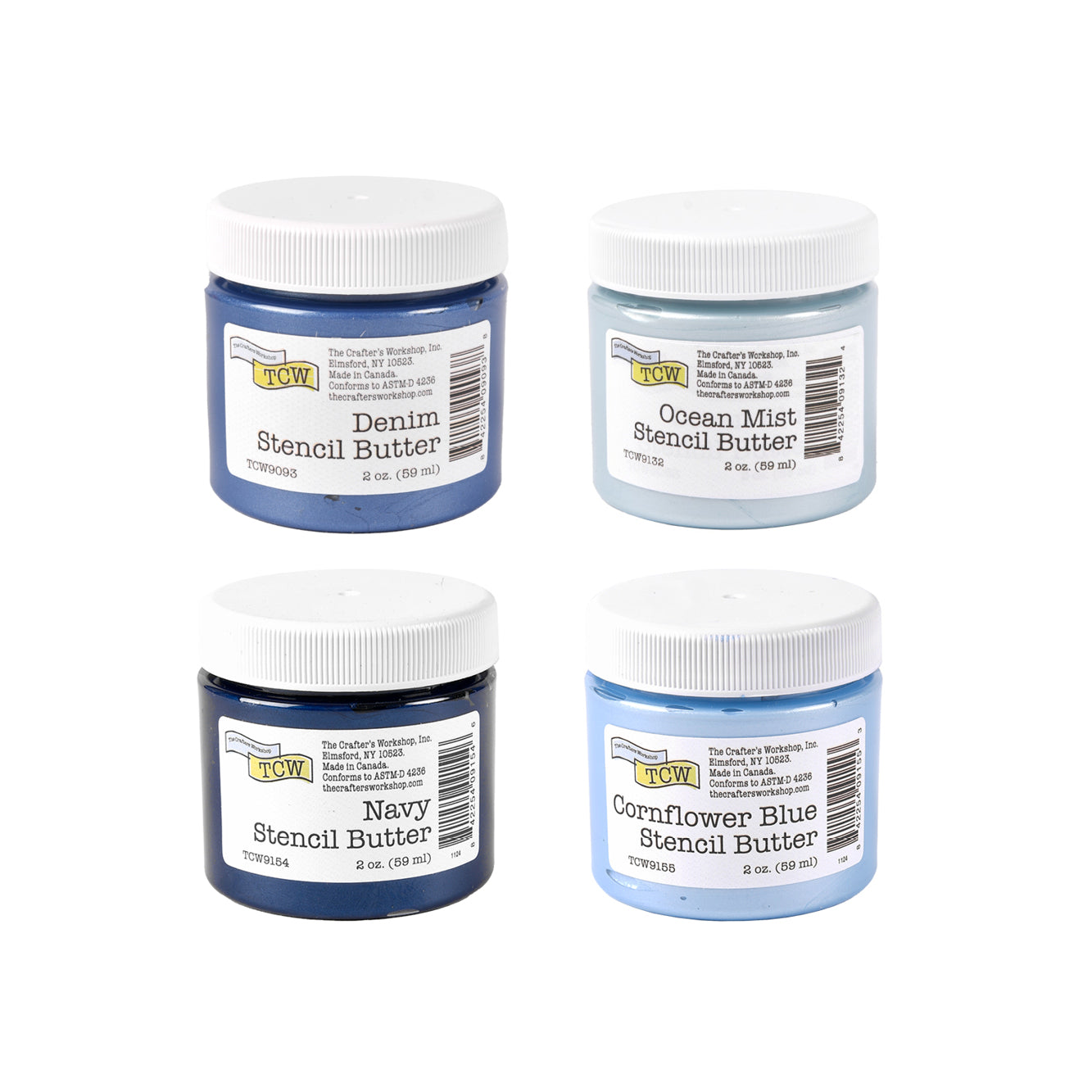 Vier Gläser The Crafters Workshop Stencil Butter, perfekt für Mixed Media, in den Farbtönen Denim, Ocean Mist, Navy und Cornflower Blue. Jedes Glas wird mit einem weißen Deckel geliefert.