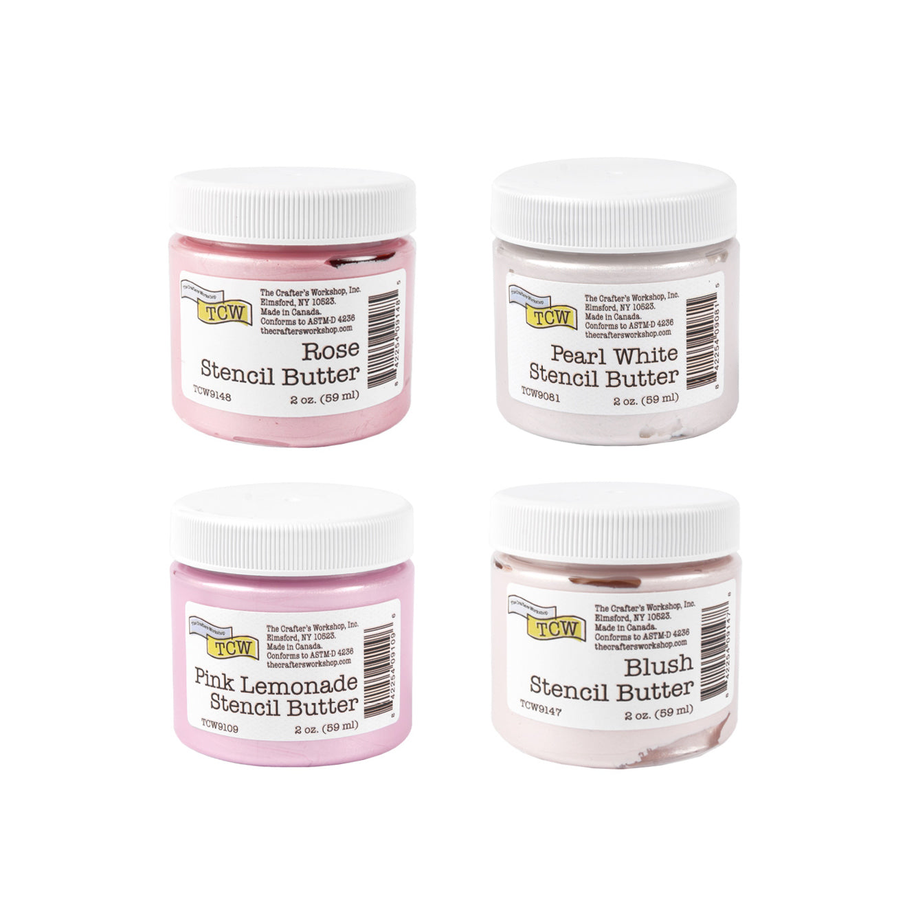 Vier Gläser The Crafters Workshop Stencil Butter in den Farben Rosa, Perlweiß, Pink Lemonade und Blush mit weißen Deckeln - ideal für Mixed Media oder als glatte Modellierpaste für kreative Projekte.