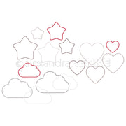 Umrissformen von Sternen, Herzen und Wolken in Rot und Grau auf weißem Hintergrund von Alexandra Renke - ideal für kreative Sammlungen und inspirierende Pakete.