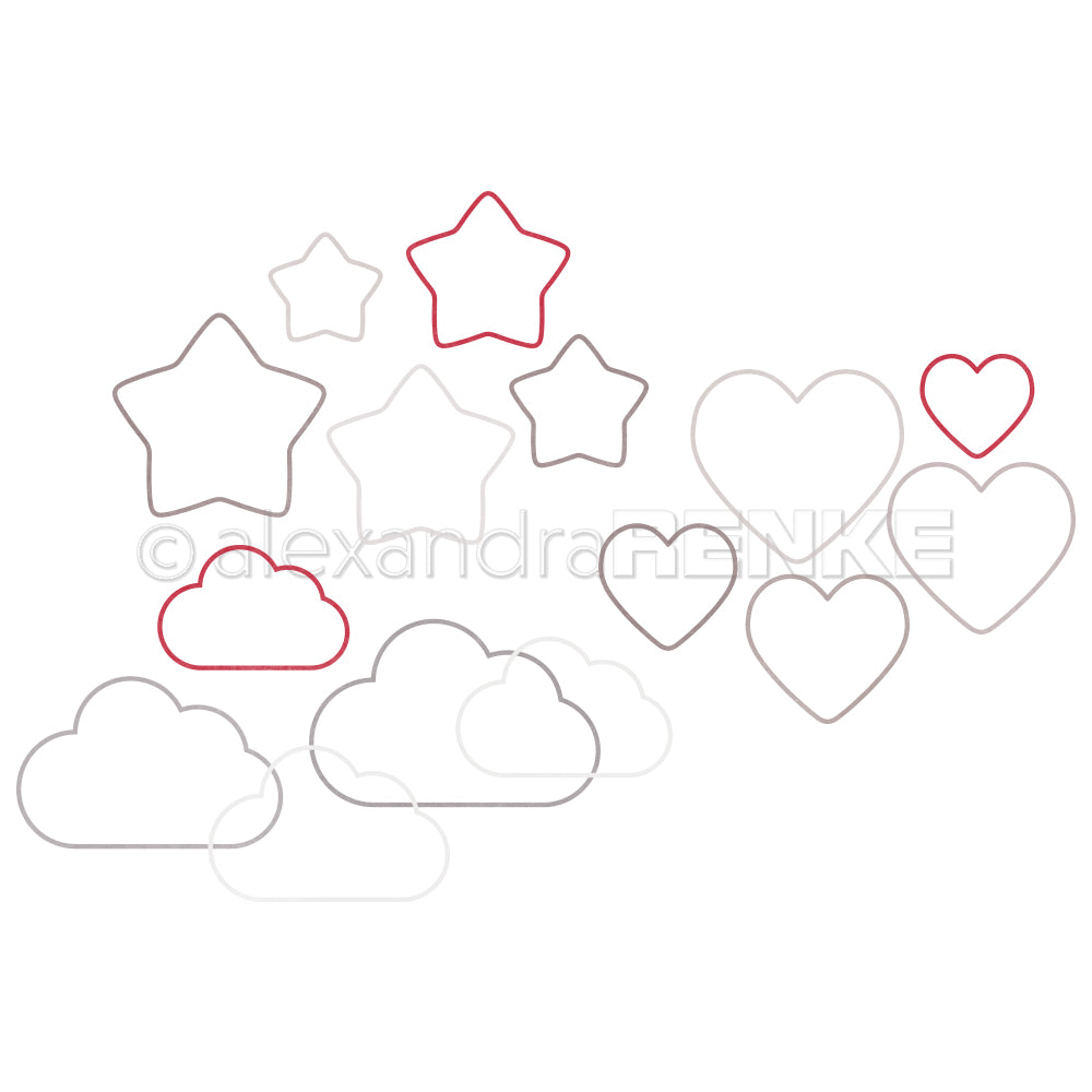 Umrissformen von Sternen, Herzen und Wolken in Rot und Grau auf weißem Hintergrund von Alexandra Renke - ideal für kreative Sammlungen und inspirierende Pakete.