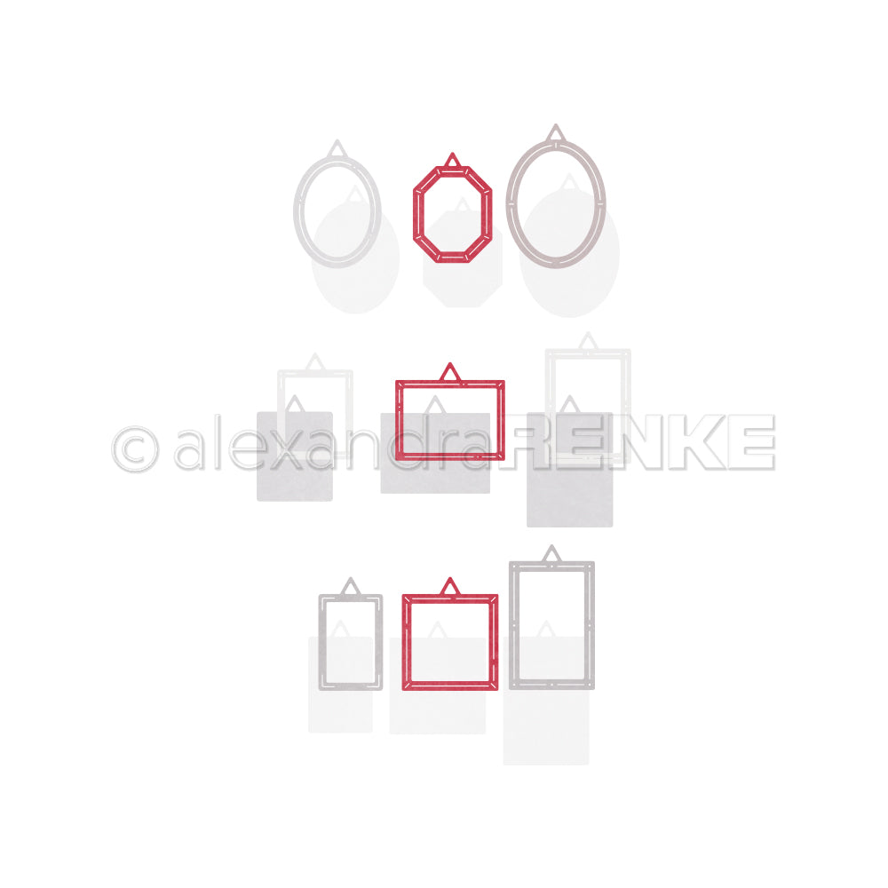 Neun hängende Bilderrahmen von Alexandra Renke bilden ein stilvolles Paket mit einem achteckigen und einem rechteckigen Rahmen mit rotem Akzent - perfekt, um Kreativität zu wecken oder Ihre Sammlungen zu präsentieren.