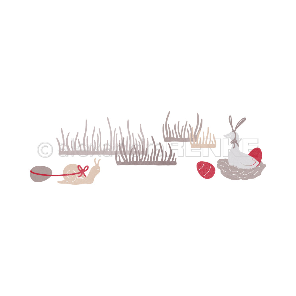 Eine Schnecke mit Schleife und ein Hase sitzen neben Eiern und Grasflächen in einer minimalistischen, pastellfarbenen Illustration von Alexandra Renke - ideal zur Inspiration oder für Ihre Kreativitäts-Bundle Kollektionen.