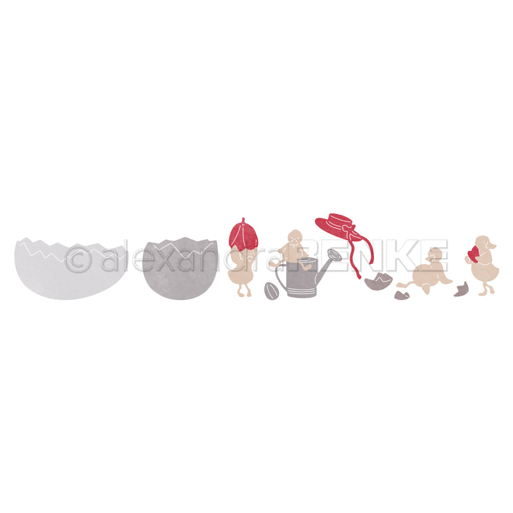 Die Illustration von brütenden Eiern und fünf Entenküken - einige mit Hüten, einem Regenschirm und einer Gießkanne - fängt Alexandra Renkes Charme ein und inspiriert die Kreativität in jeder Kollektionsszene.