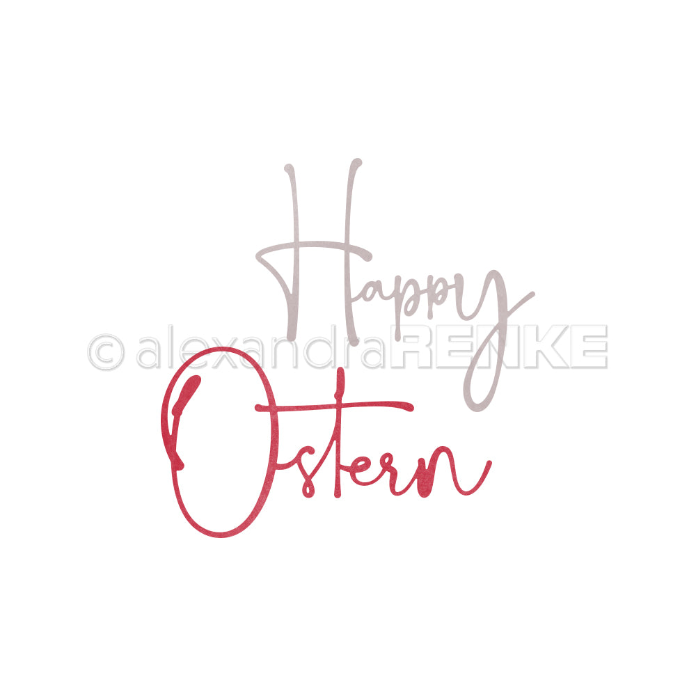 Handgeschriebener Text "Happy Ostern", mit "Ostern" in rot und dem "O" als Osterei - perfekt, um Kreativität in Ihre festlichen Kollektionen zu bringen, von Alexandra Renke.