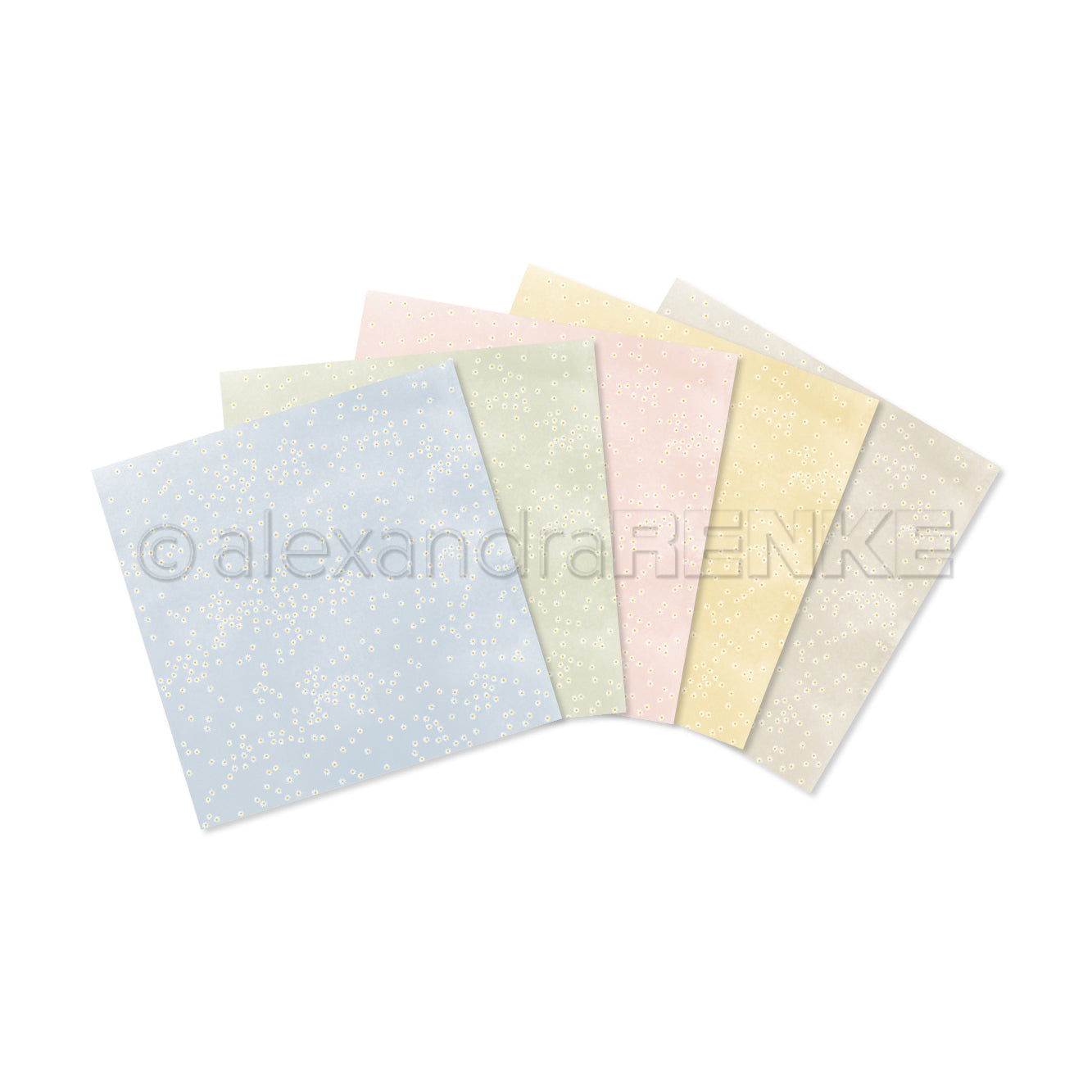 Fünf pastellfarbene, quadratische Papiere von Alexandra Renke mit kleinen weißen Blumenmustern, die fächerförmig angeordnet sind - ideal für Kreativität und perfekt, um Ihren Sammlungen Charme zu verleihen.