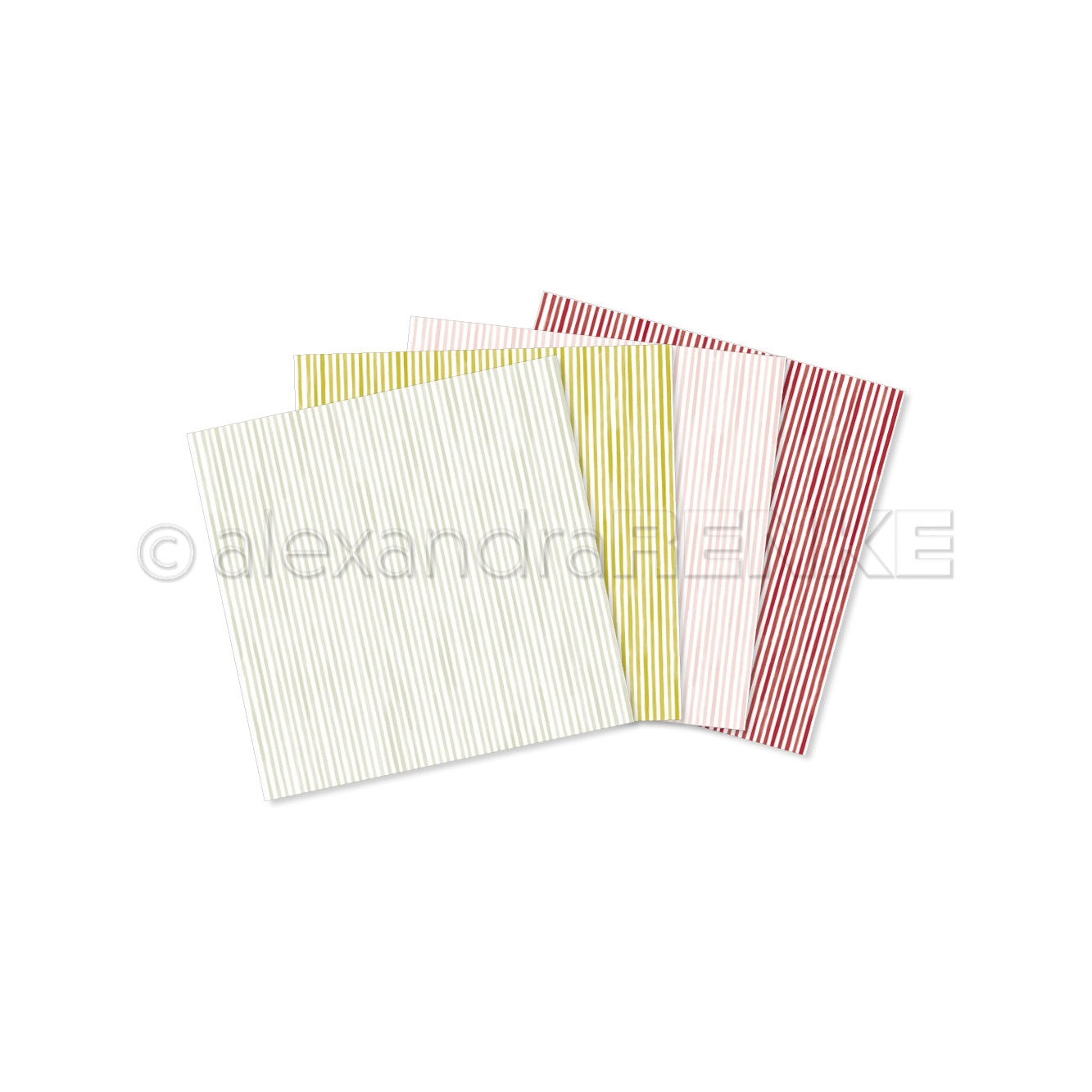 Vier quadratische Blätter von Alexandra Renke zeigen feine vertikale Streifen in Grün, Gelb, Rosa und Rot auf weißem Hintergrund - ideal zur Inspiration oder für Ihr nächstes Kreativitätsbündel.