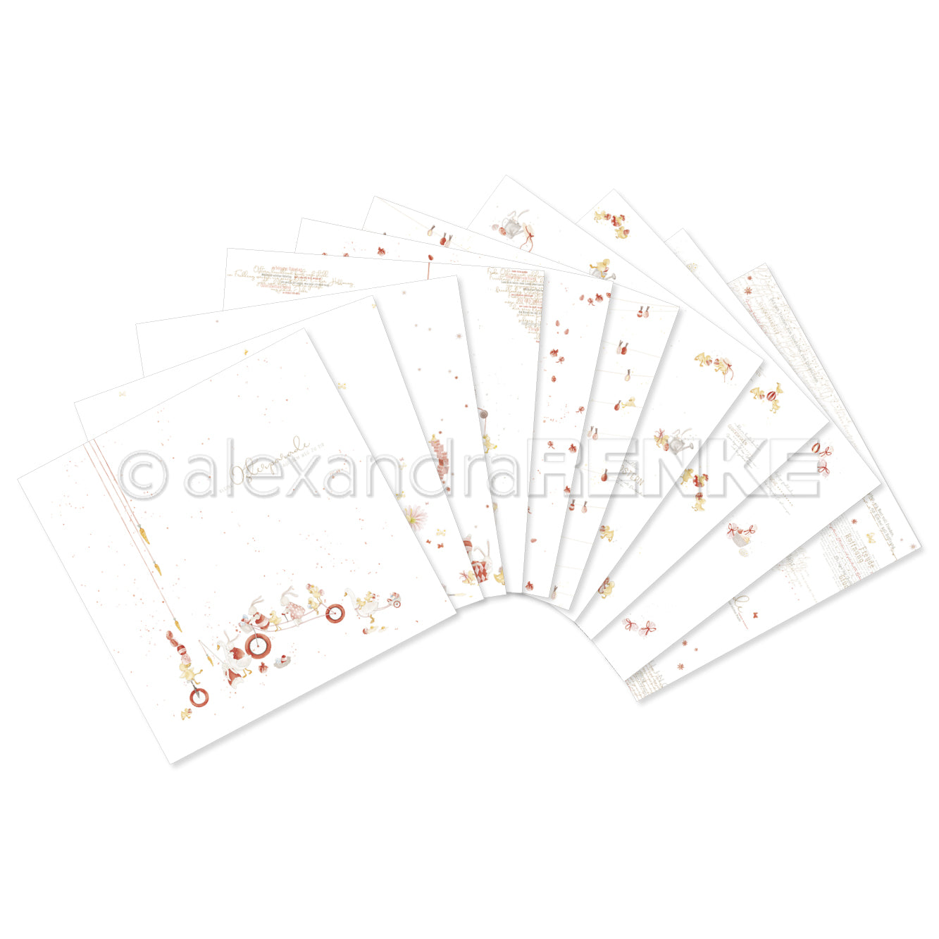 Ein Bündel dekorativer weißer Papiere mit dezenten goldenen und roten Festtagsdesigns von Alexandra Renke - perfekt, um Ihren Feierlichkeiten eine kreative Note zu verleihen.