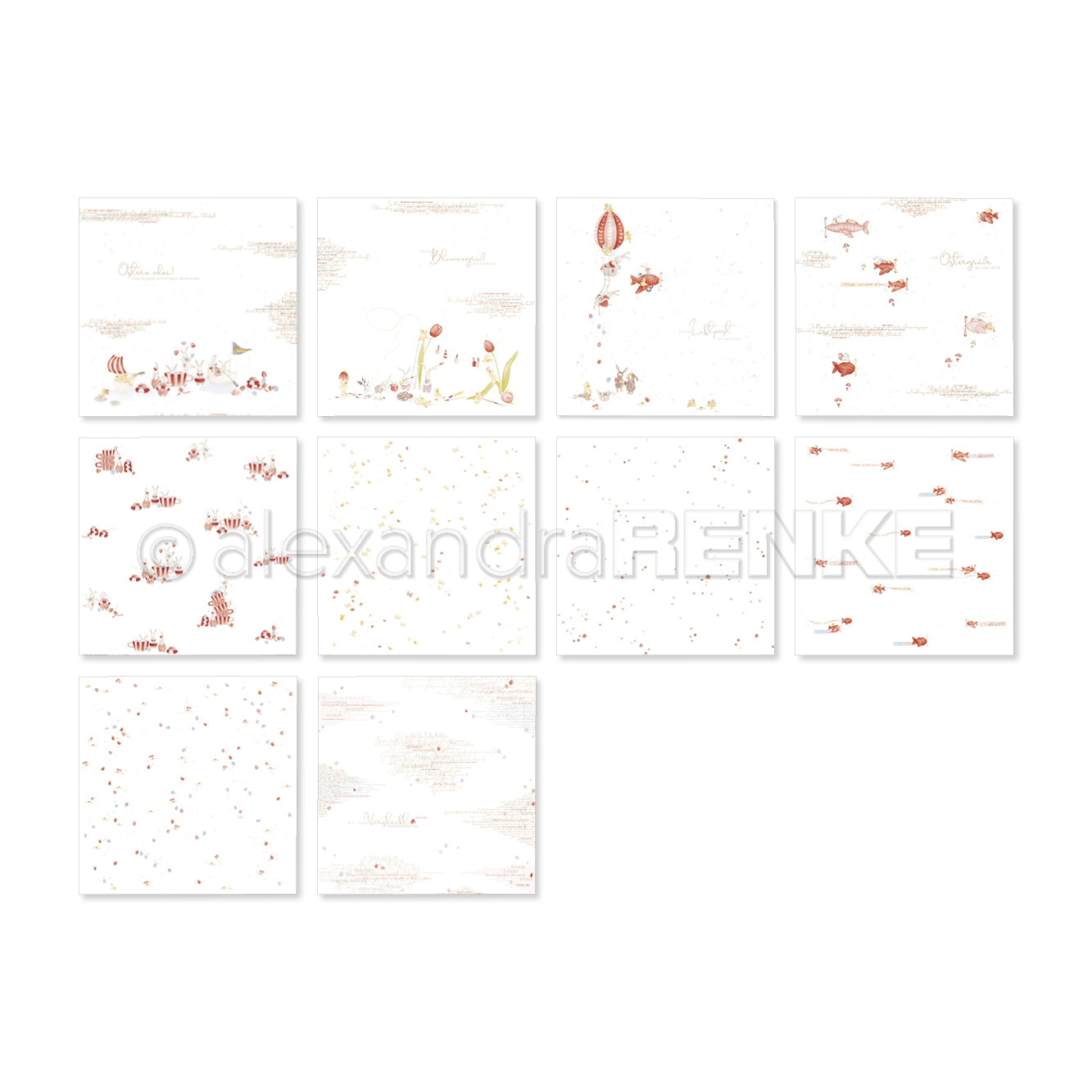 Zehn quadratische Bögen Dekorationspapier von Alexandra Renke mit skurrilen roten und beigen Mustern auf weißem Grund - ideal, um die Kreativität anzuregen.