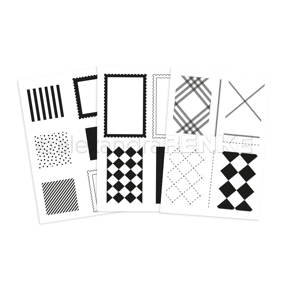 Drei Blätter von Alexandra Renke mit geometrischen Mustern und Rahmen in Schwarz und Weiß, ideal als Inspiration für Ihr nächstes Projekt. Perfekte Ergänzung zu Kreativ-Bundles oder um Ihren Kollektionen eine einzigartige Note zu verleihen.