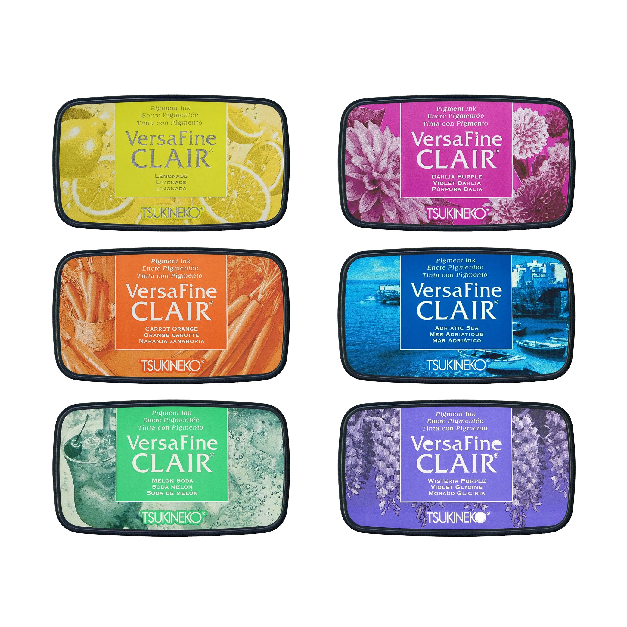 Sechs farbenfrohe Alexandra Renke Stempelkissen, jedes mit Obst-, Blumen- oder Pflanzenmotiven auf dem Etikett. Schnell trocknende Pigment-Tinte sorgt für gestochen scharfe und farbenfrohe Stempelabdrücke bei jedem Einsatz.