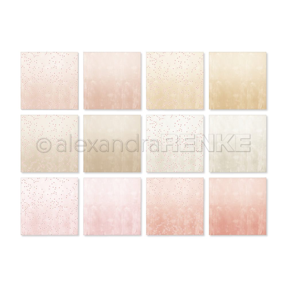 Zwölf pastellfarbene, quadratische Papierbögen von Alexandra Renke mit subtilen Farbverläufen und Mustern sind in einem 3x4-Raster angeordnet - ideal für Kreativität oder zur Aufwertung Ihrer Kollektionen.