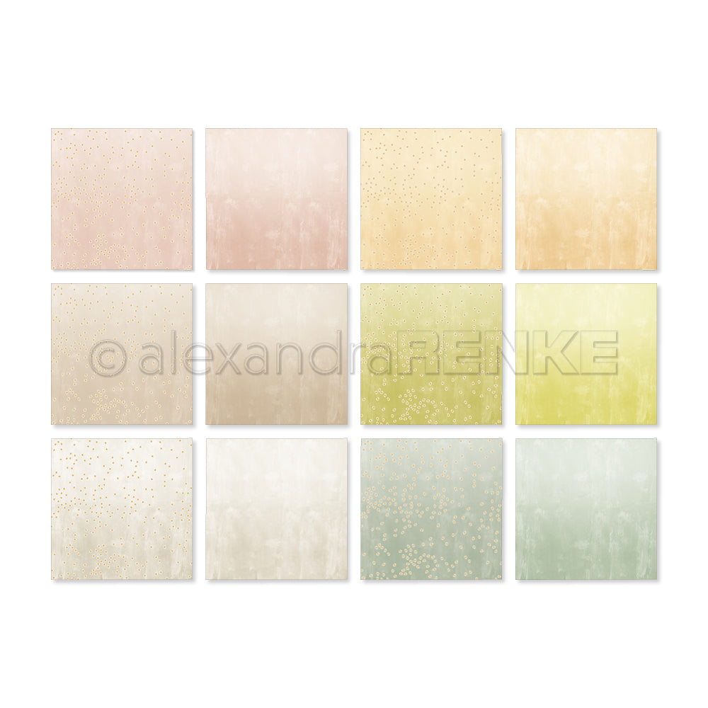 Zwölf pastellfarbene, quadratische Papiere mit dezenten Mustern von Alexandra Renke, angeordnet in drei Viererreihen - ideal, um die Kreativität anzuregen oder Ihre Lieblingssammlungen und -bündel zu ergänzen.