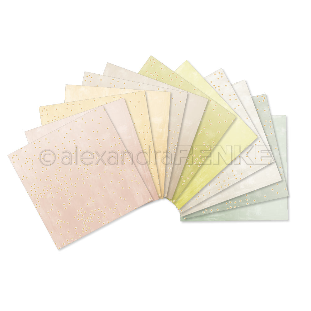 Zehn pastellfarbene, quadratische Papiere mit goldenen Punktmustern von Alexandra Renke sind in einem Halbkreis aufgefächert - ideal, um kreativ zu sein oder Ihre Sammlungen zu bereichern.