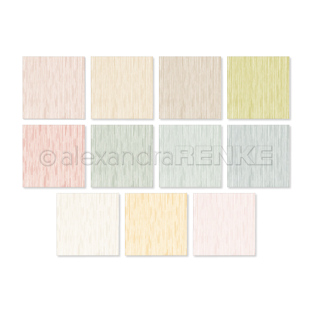 Elf pastellfarbene, quadratische Papiere mit vertikalen Linien, die in zwei Reihen auf weißem Hintergrund angeordnet sind - perfekt für Bundles oder zur Inspiration der Kreativität in Ihren Kollektionen von Alexandra Renke.