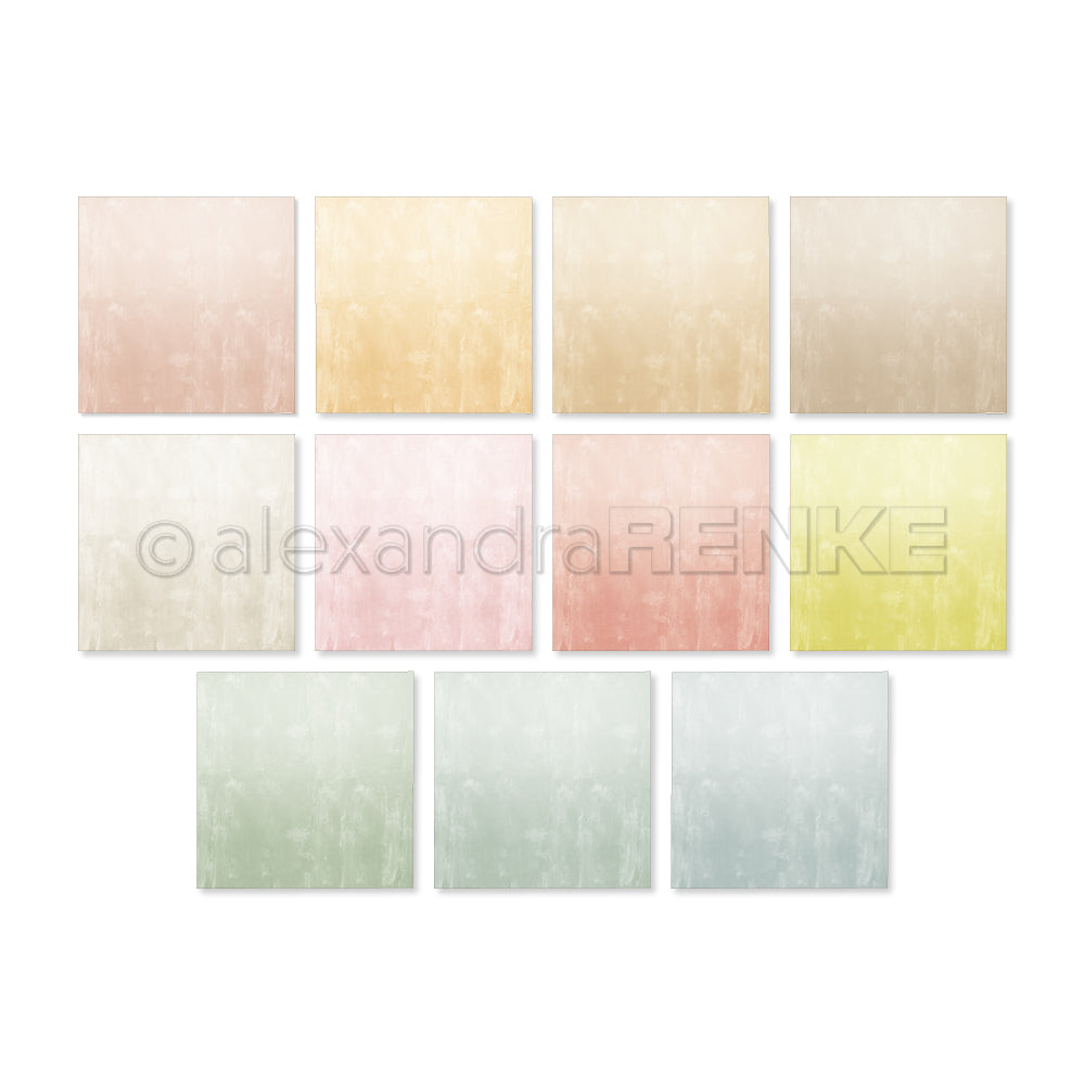 Elf pastellfarbene, quadratische Strukturpapiere von alexandrarenke sind in drei Reihen auf weißem Hintergrund angeordnet, ideal für kreative Kollektionen oder Design-Bundles.