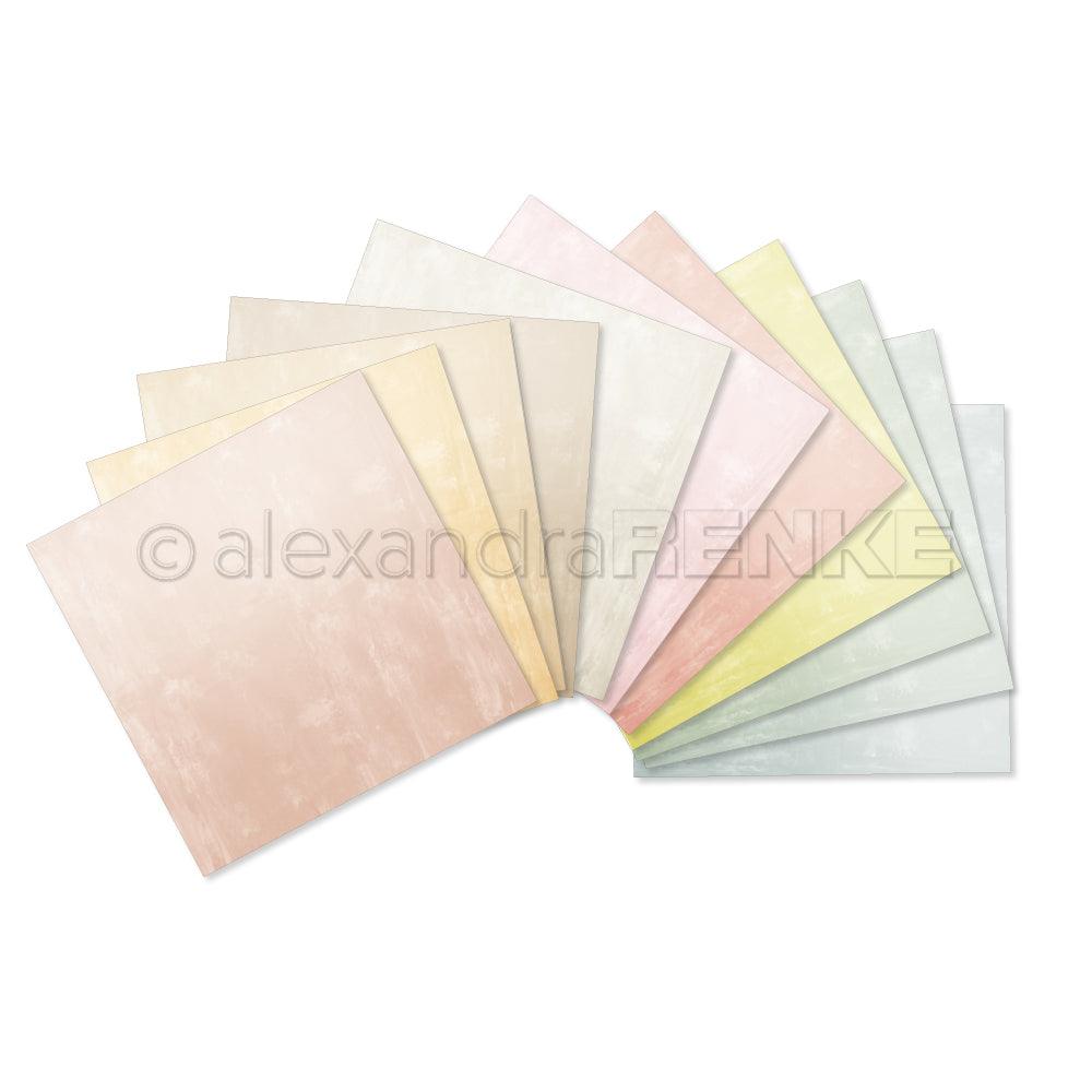 Ein Fächer pastellfarbener strukturierter Papierbögen von alexandrarenke, angeordnet in einem Halbkreis auf Weiß - ideal, um Kreativität freizusetzen oder Ihre Papierbündel und -sammlungen aufzuwerten.
