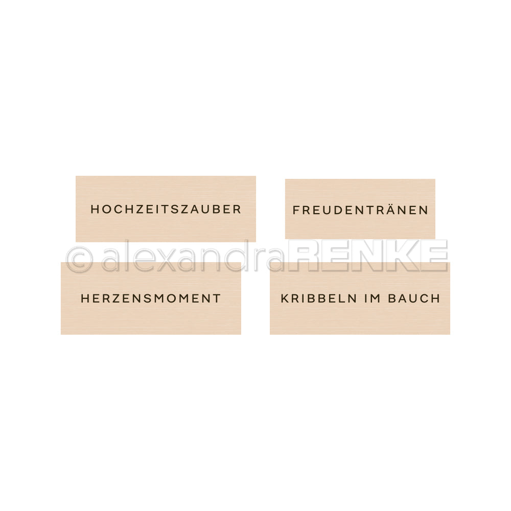Vier beigefarbene Rechtecke von Alexandra Renke mit deutschen Wörtern: Hochzeitszauber, Freudentränen, Herzensmoment, Kribbeln im Bauch - perfekt für kreative Kollektionen oder individuelle Pakete voller Emotionen.