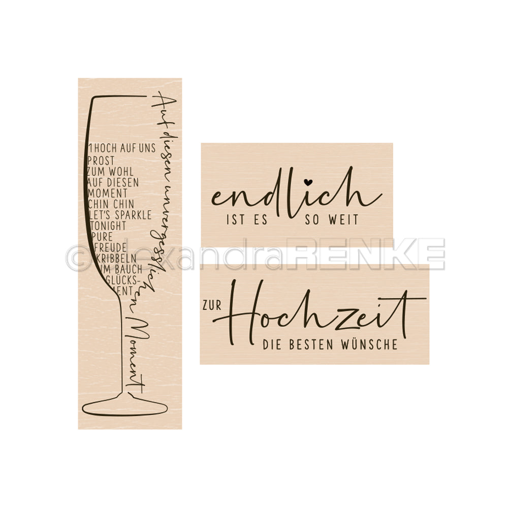 Drei Holzstempel von Alexandra Renke mit deutschen Hochzeitssprüchen, einer ergibt ein Weinglas-Motiv. Perfekt für Bundles oder Kollektionen und ideal, um bei besonderen Anlässen deiner Kreativität freien Lauf zu lassen.