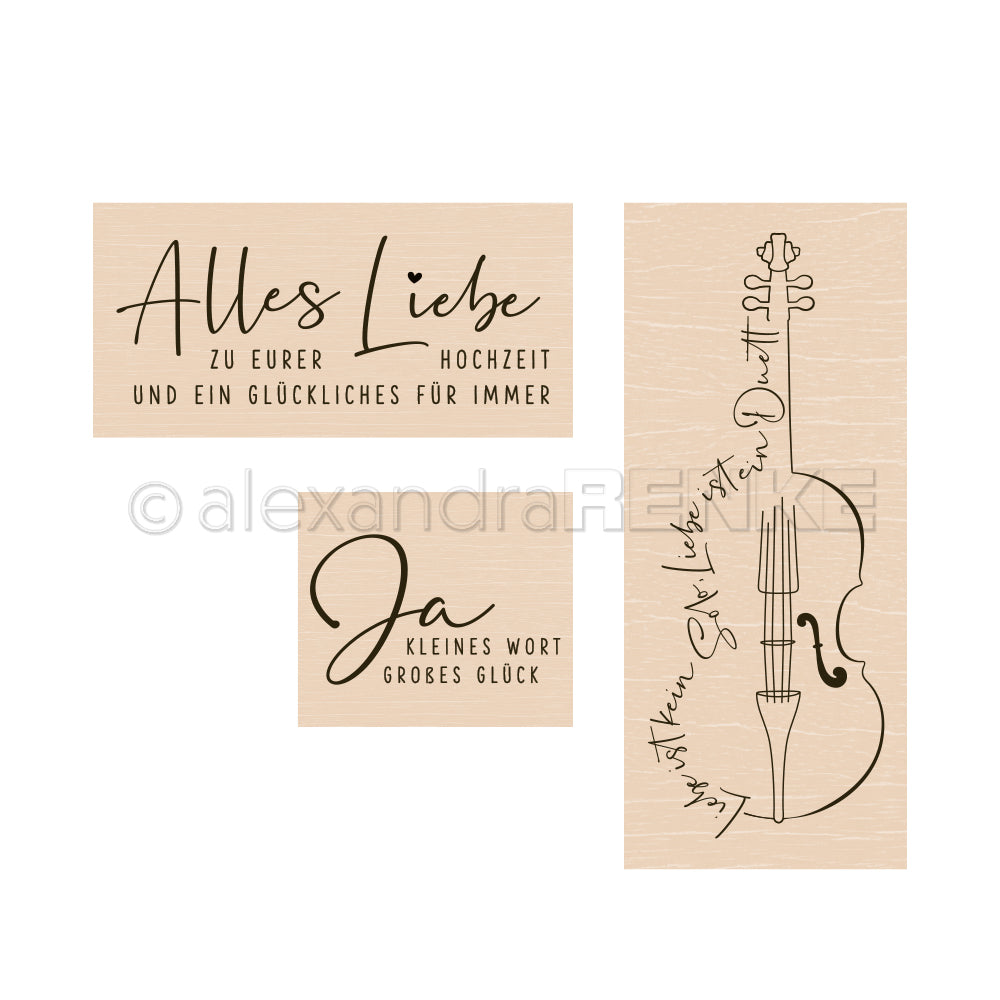 Deutscher Hochzeitstext mit handgeschriebenen Schriften und einer Geigenillustration auf einem hellbeigen Holztextur-Hintergrund von Alexandra Renke - perfekt für kreative Kollektionen oder als Teil eines stilvollen Hochzeitspakets.