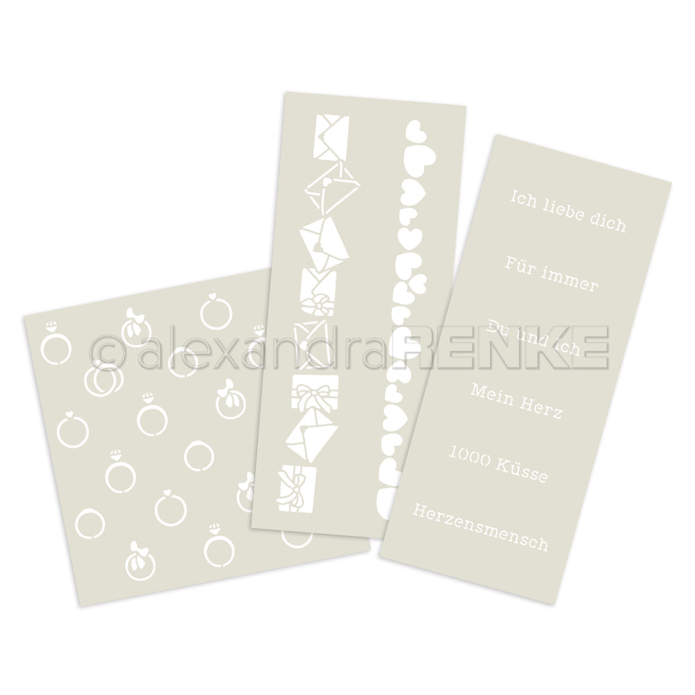 Drei beige Karten von Alexandra Renke mit weißen Motiven - Ringe, Herzen, Geschenke, Umschläge - und deutschen romantischen Sprüchen. Perfekt für Bundles oder Kollektionen, die deine Kreativität feiern.