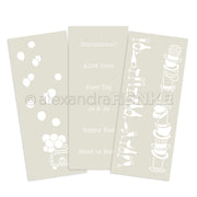 Drei beigefarbene Alexandra Renke-Lesezeichen mit weißen Hochzeitssymbolen und deutschen Glückwunschsprüchen - perfekt, um Ihre Geschenkpakete kreativ zu ergänzen.