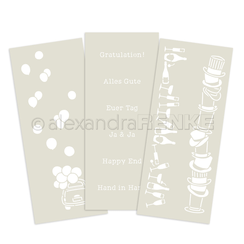 Drei beigefarbene Alexandra Renke-Lesezeichen mit weißen Hochzeitssymbolen und deutschen Glückwunschsprüchen - perfekt, um Ihre Geschenkpakete kreativ zu ergänzen.