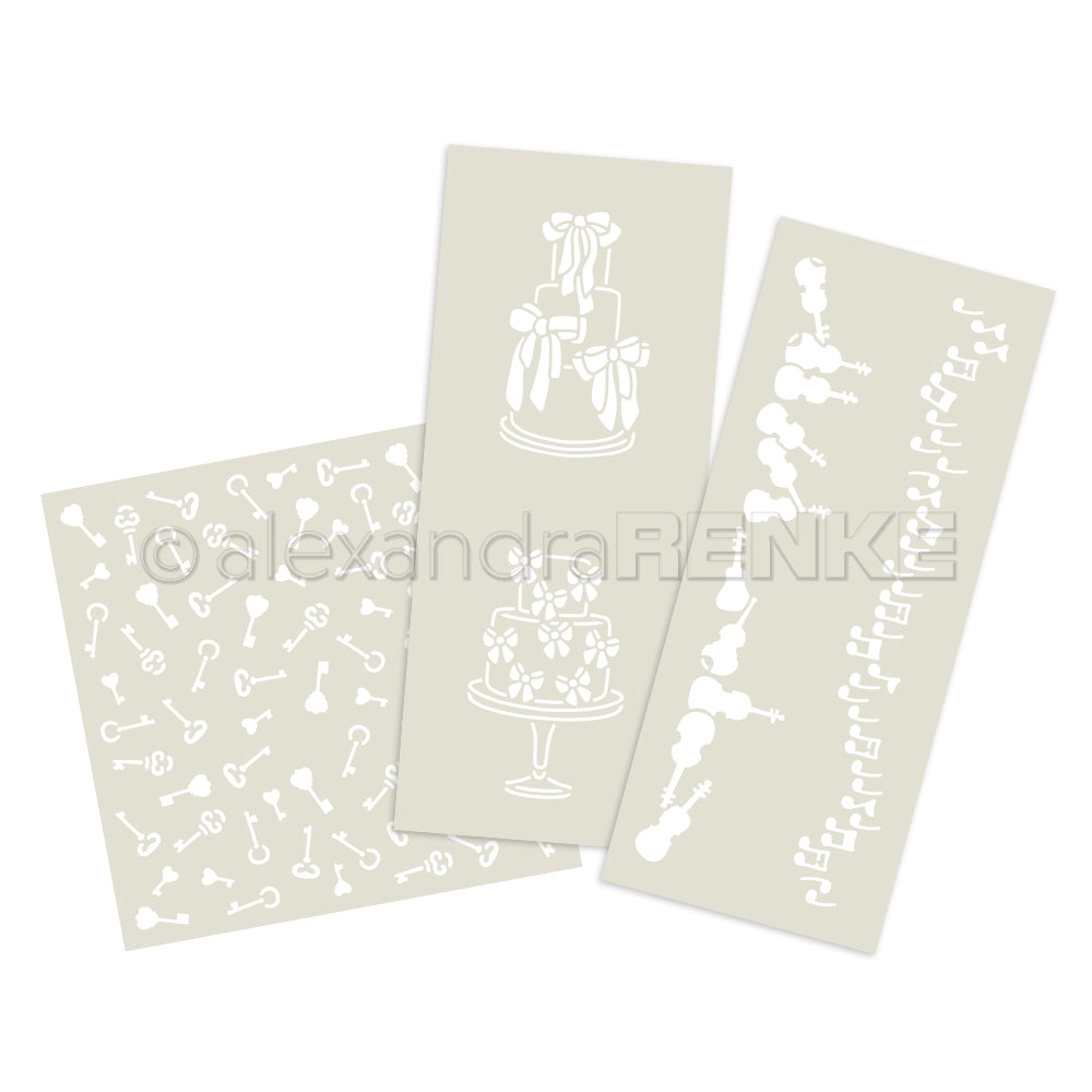 Das Kreativpaket von Alexandra Renke enthält drei Schablonenbögen mit weißen Torten- und Schlüsseldesigns auf hellem Hintergrund - ideal, um Ihren Projekten einen Hauch von Kreativität zu verleihen.