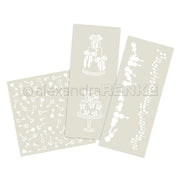 Das Kreativpaket von Alexandra Renke enthält drei Schablonenbögen mit weißen Torten- und Schlüsseldesigns auf hellem Hintergrund - ideal, um Ihren Projekten einen Hauch von Kreativität zu verleihen.