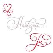 Kalligraphische Worte Hochzeit und Ja mit einem roten Herz auf Weiß - ideal um Kreativität in Hochzeitskollektionen oder Einladungen zu bringen. Entwurf von Alexandra Renke.