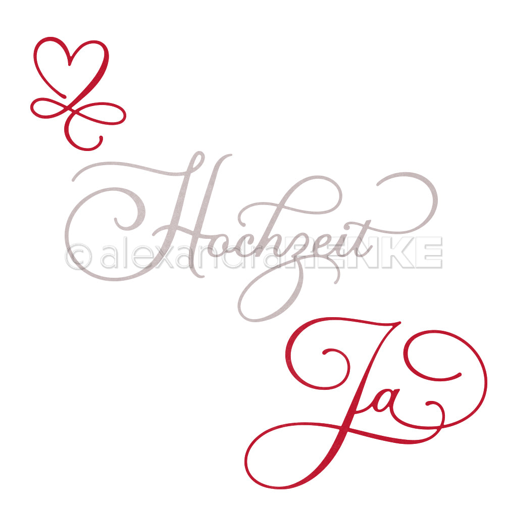 Kalligraphische Worte Hochzeit und Ja mit einem roten Herz auf Weiß - ideal um Kreativität in Hochzeitskollektionen oder Einladungen zu bringen. Entwurf von Alexandra Renke.