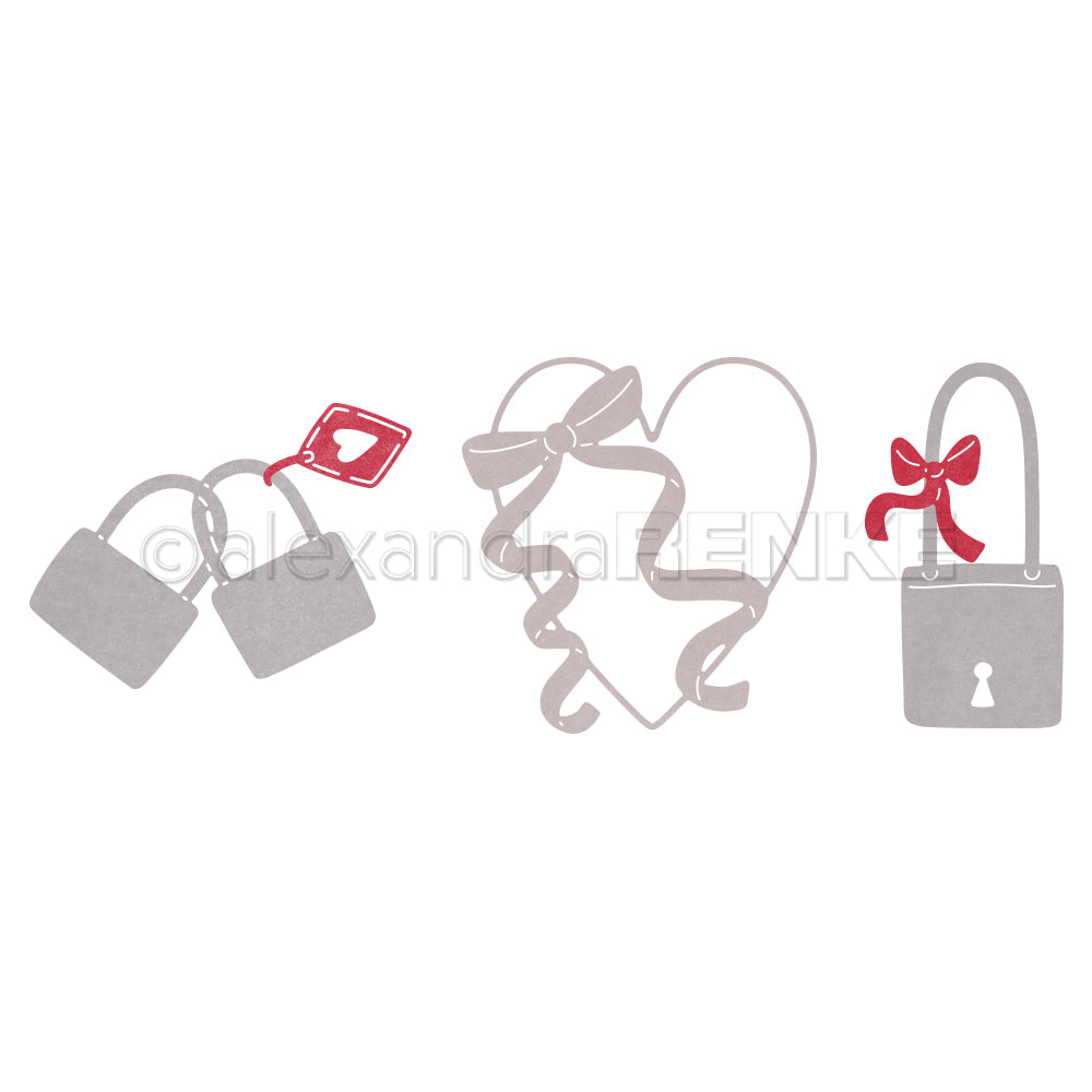 Drei Vorhängeschlösser von Alexandra Renke: zwei mit einem roten Anhänger verbunden, eines in Herzform mit einer Schleife und eines mit einer roten Schleife und einem Schlüsselloch - eine kreative Kollektion, die perfekt für jedes Liebesbündel ist.