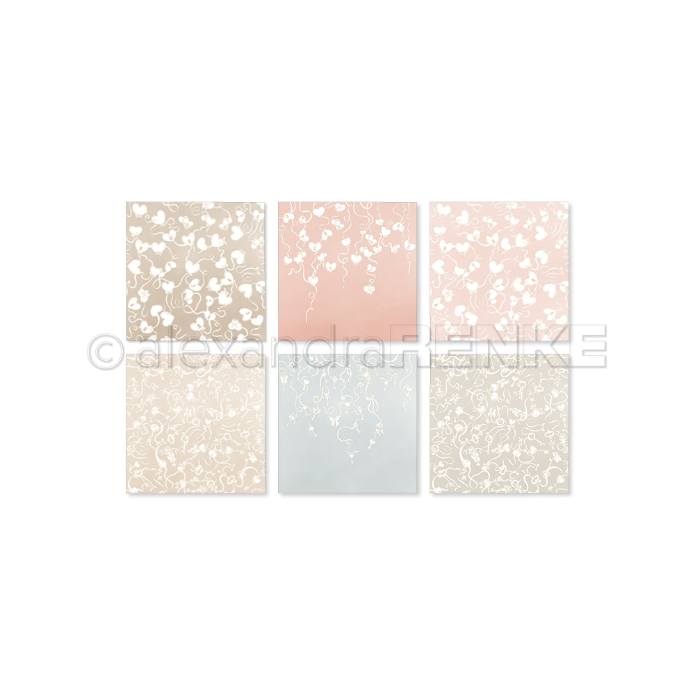 Sechs rechteckige Bettlaken von Alexandra Renke mit zarten weißen Blumenmustern in beige, rosa und blauen Pastelltönen - ideal für kreative Kollektionen oder charmante Bündel.