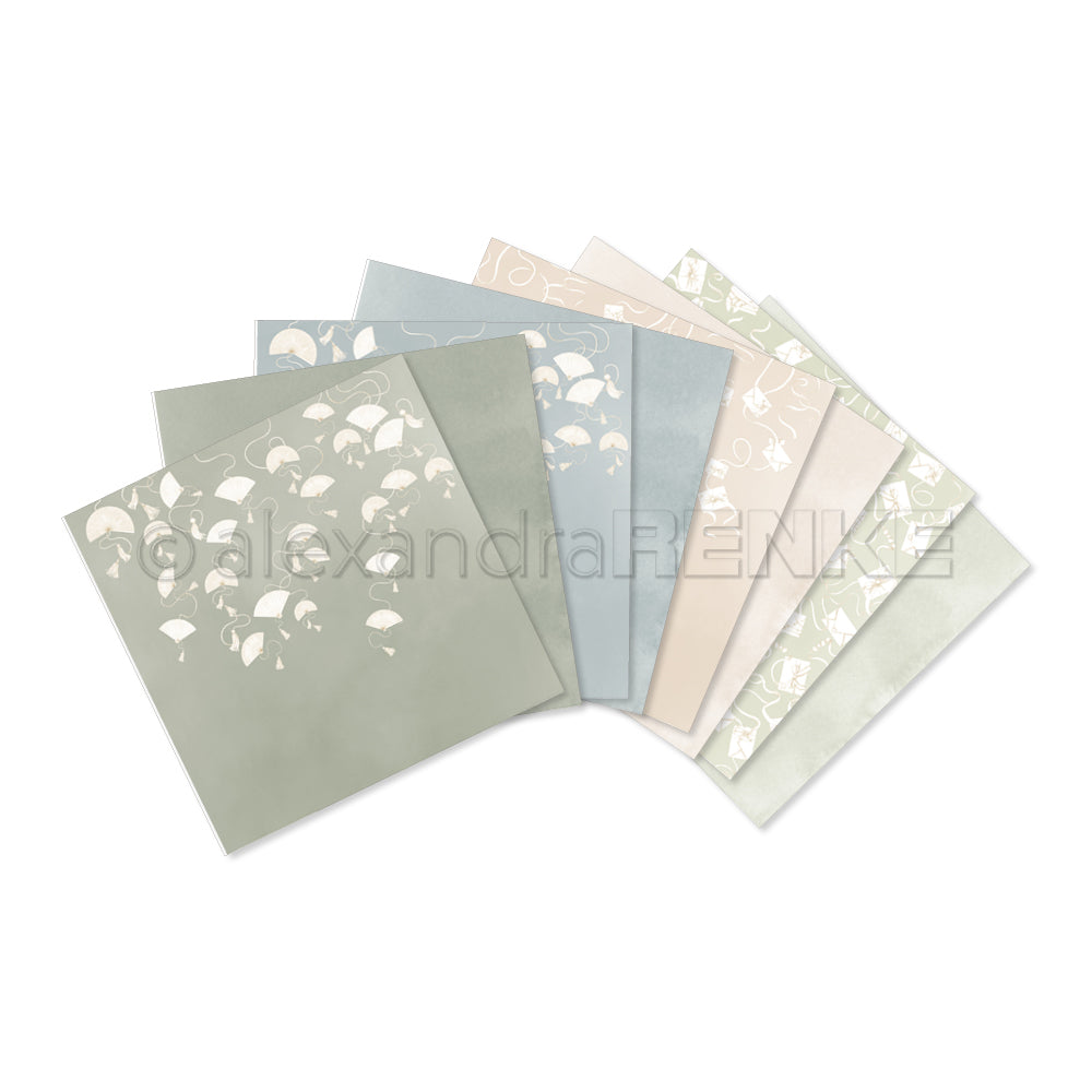 Neun pastellfarbene gemusterte Papierbögen von Alexandra Renke, aufgefächert mit dezenten floralen und botanischen Motiven - perfekt zur Inspiration oder als Teil deines nächsten Kreativitäts-Bundles.