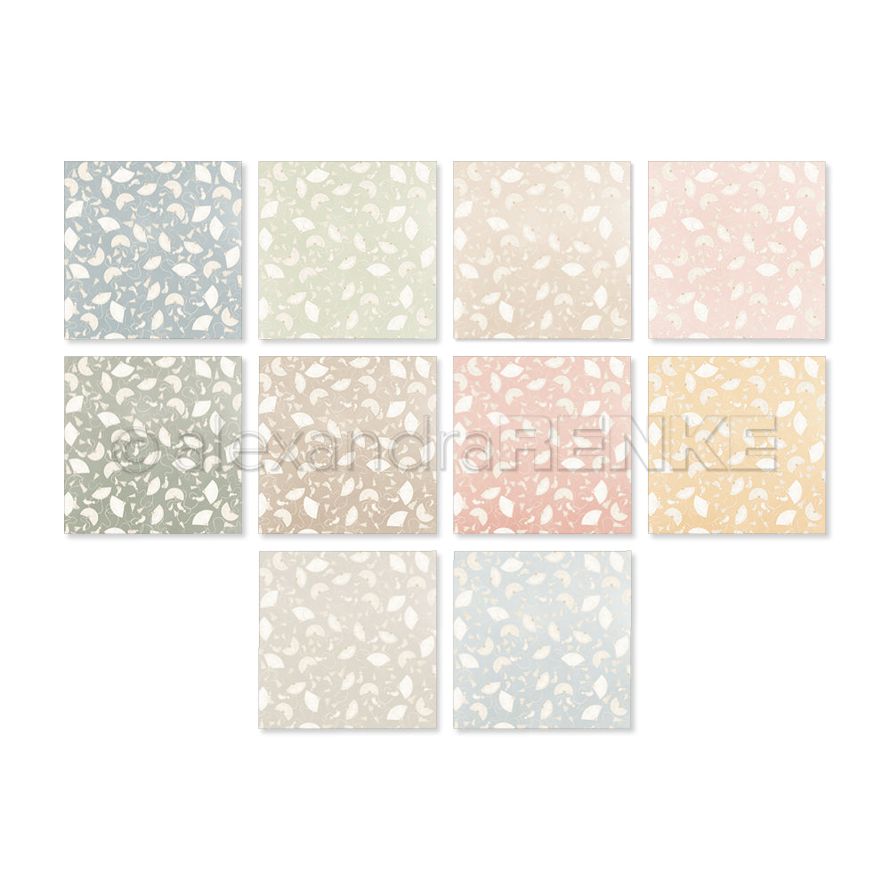 Zehn quadratische Fliesen in pastellfarbenen Terrazzo-Mustern, die in zwei Reihen auf weißem Grund angeordnet sind, zeigen Alexandra Renke - perfekt als Inspiration für individuelle Kollektionen oder kreative Fliesenbündel.