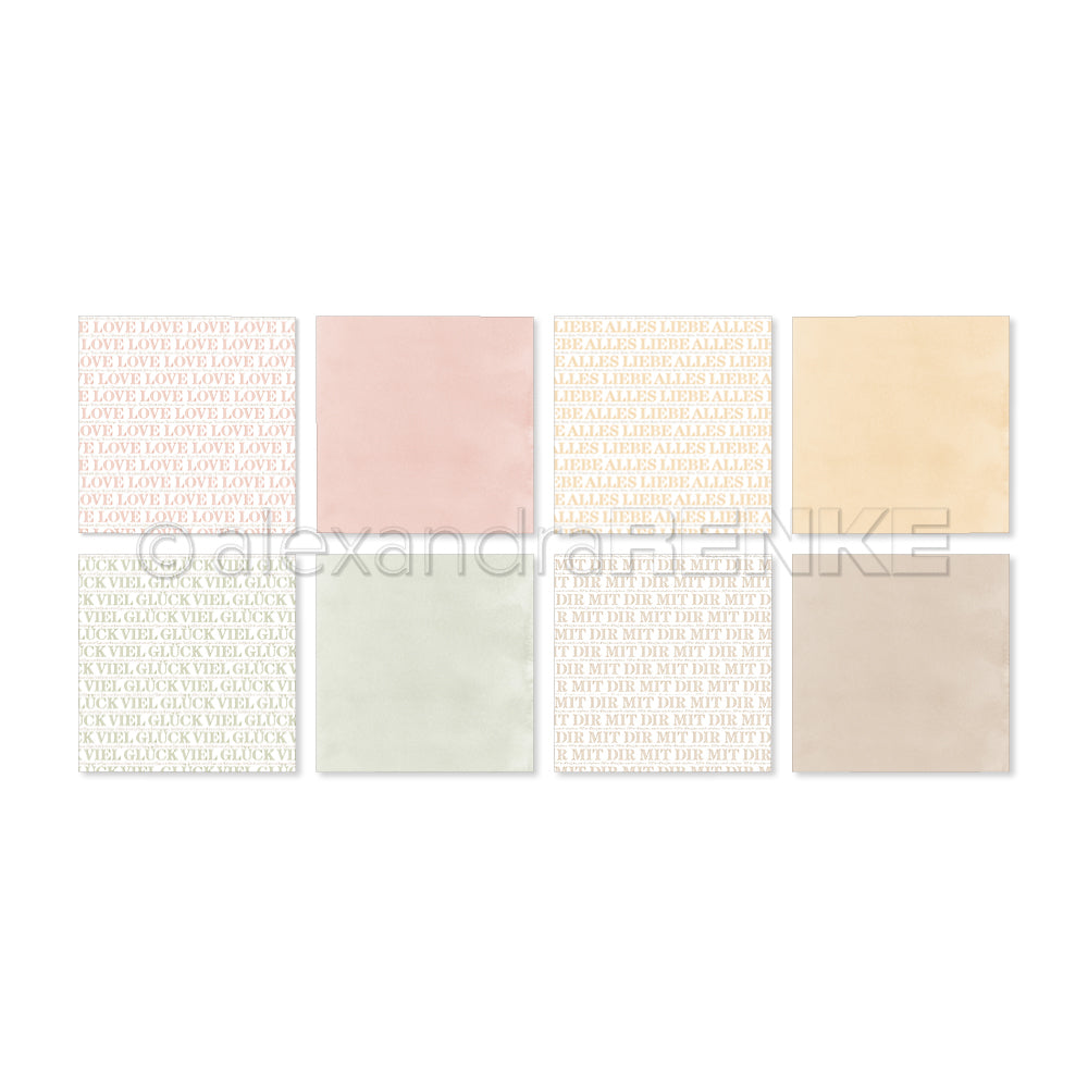 Sechs pastellfarbene Quadrate von Alexandra Renke mit deutschem und englischem Text in den Farben Rosa, Gelb, Grün und Beige - perfekt für Kollektionen, die die Kreativität anregen.