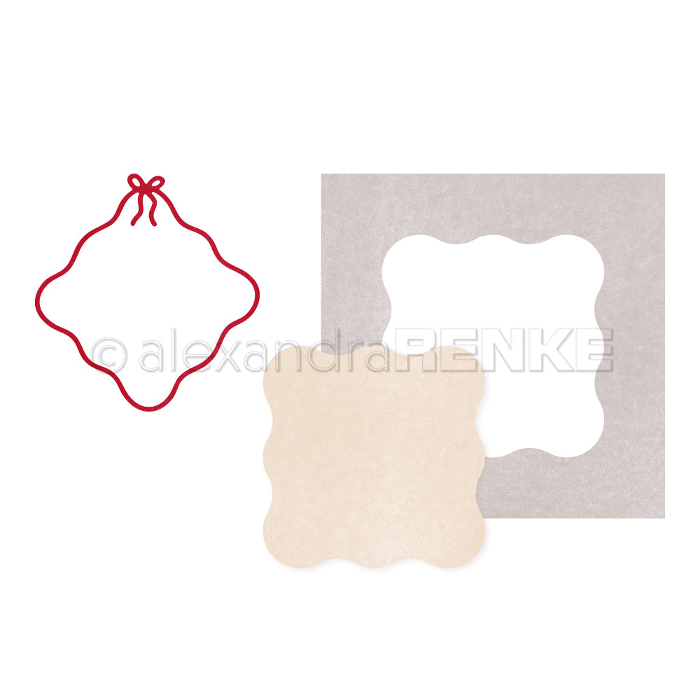 Rotes Konturenornament, beiger Wellenrandausschnitt und passende quadratische Schablone von Alexandra Renke auf weißem Hintergrund - ideal für kreative Sammlungen oder einzigartige Designpakete.