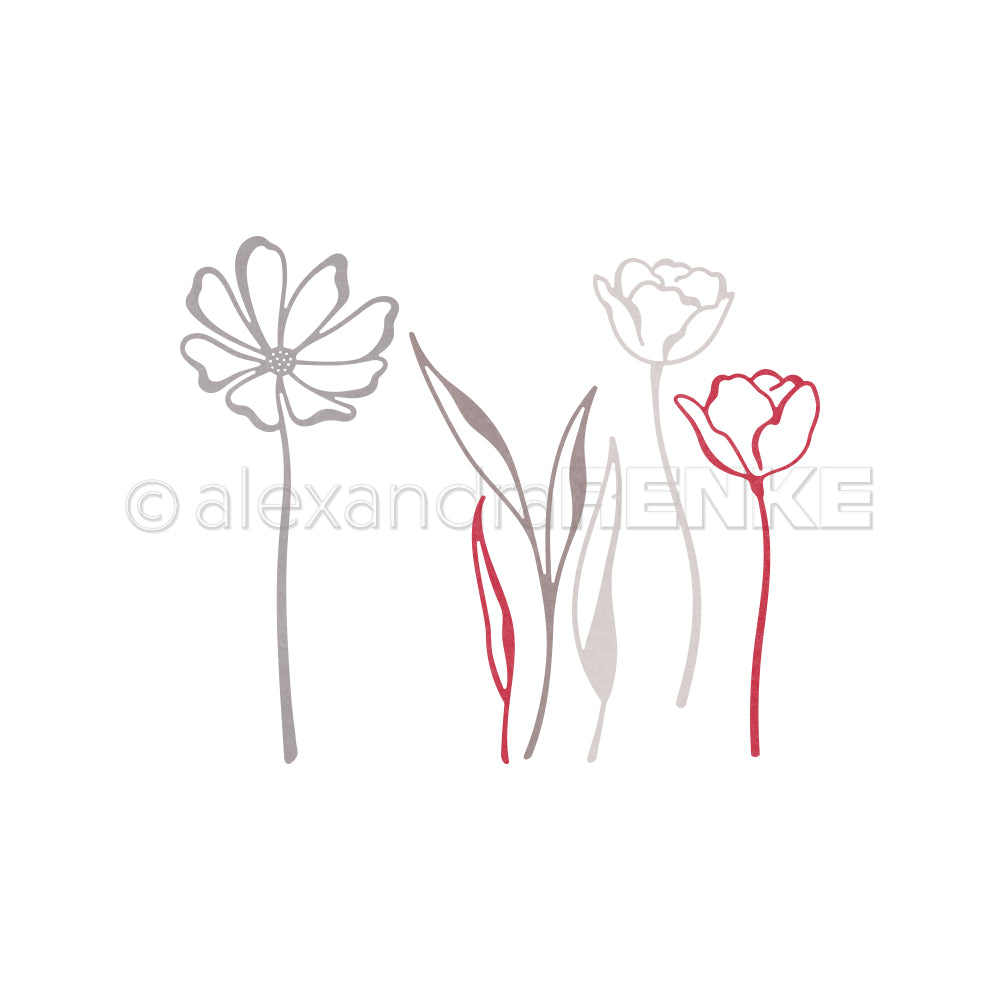 Minimalistische Strichzeichnung von drei Blumen und Blättern in Grau und Rot auf weißem Hintergrund von Alexandra Renke, perfekt für Kollektionen entworfen und ideal, um deine Kreativität zu unterstützen.