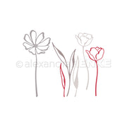 Minimalistische Strichzeichnung von drei Blumen und Blättern in Grau und Rot auf weißem Hintergrund von Alexandra Renke, perfekt für Kollektionen entworfen und ideal, um deine Kreativität zu unterstützen.
