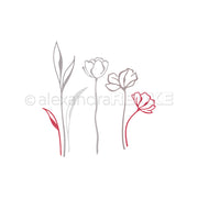 Minimalistische Strichzeichnung von vier Blumen - zwei in Rot, zwei in Grau - auf Weiß. Ideal für kreative Kollektionen oder elegante Designpakete von Alexandra Renke.