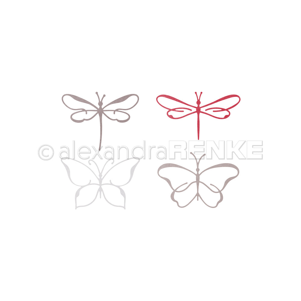 Zwei Libellen und zwei Schmetterlinge, grau oder rot umrandet, inspirieren auf weißem Hintergrund - die perfekten Akzente für jedes Kreativitäts-Bundle oder Kollektionen von Alexandra Renke.